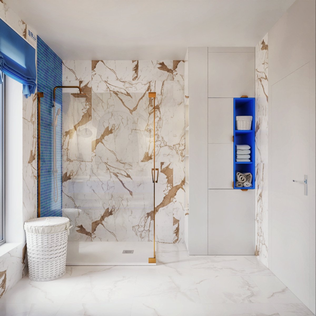 Biała łazienka z niebieską mozaiką Tubądzin.